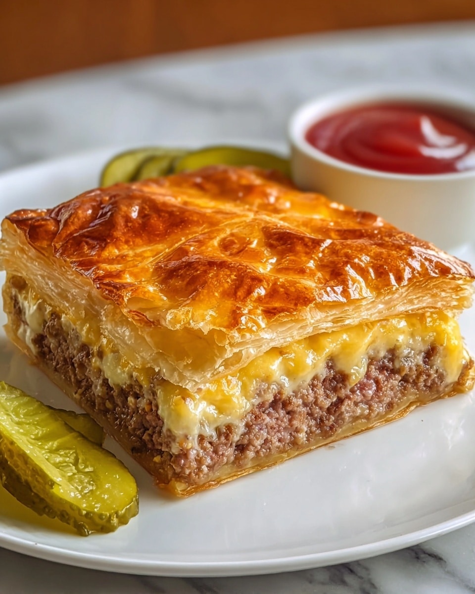 The image shows a square slice of layered meat pie on a white plate with a white marbled texture underneath. The bottom layer is a golden, flaky crust; above it is a thick layer of cooked ground meat mixed with melted cheese, giving a textured and tender look in brown and creamy white colors. The top layer is a shiny, golden-brown puff pastry crust with a slightly crunchy appearance. On the side of the plate, there are two green pickles and a small white dish containing red ketchup sauce. Photo taken with an iphone --ar 4:5 --v 7