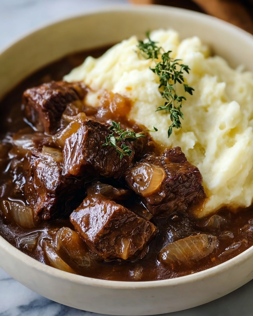 The image shows a bowl of beef stew with mashed potatoes. The bottom layer is thick brown gravy with soft cooked onions scattered throughout. On top of the gravy, there are several large cubes of dark brown beef, browned and covered with glossy sauce. To one side, there is a generous scoop of creamy white mashed potatoes with a smooth texture. A small sprig of green thyme rests gently on the meat, adding a touch of color. The bowl is white, and the background is a white marbled texture. Photo taken with an iphone --ar 4:5 --v 7