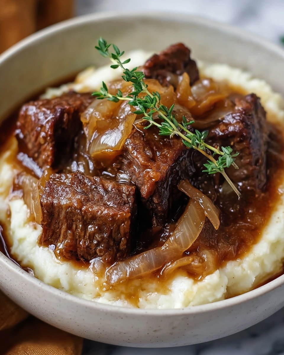The dish shows a close-up of a bowl filled with chunky pieces of brown, seared beef layered with translucent caramelized onions that have a glossy, golden-brown sauce coating them. Behind the meat and onions, there is a creamy, smooth layer of white mashed potatoes that have a fluffy texture. A small sprig of fresh green thyme sits on top of the beef and onions. The bowl is white and set on a white marbled surface. photo taken with an iphone --ar 4:5 --v 7