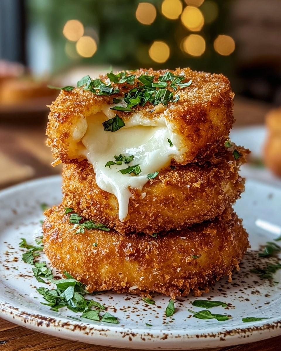 A stack of three golden-brown, crispy fried cheese rounds sits on a white plate with brown specks. Each round shows a thick, crunchy crumb layer on the outside, with creamy white melted cheese oozing out from bits where bites or breaks reveal the inside. The top of the stack is sprinkled with fresh green herb leaves, some scattered around the plate. The plate rests on a wooden surface with a blurred background that hints at a cozy indoor setting. photo taken with an iphone --ar 4:5 --v 7