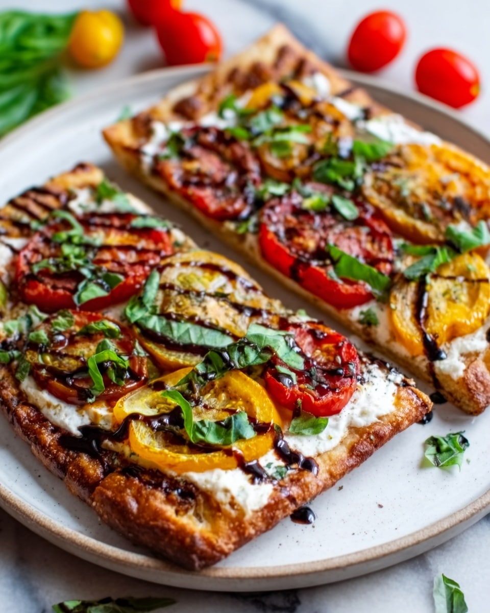 The image shows two rectangular slices of flatbread pizza on a white plate, placed on a white marbled surface with cherry tomatoes and basil leaves around. The flatbread has a golden-brown crust, topped with layers that include melted white cheese, thin slices of red and yellow tomatoes, fresh green basil leaves scattered on top, and a drizzle of dark balsamic glaze running across the pizza in zig-zag lines. The textures vary from crispy crust to creamy cheese and juicy tomato slices. The scene is bright and fresh with a close-up view highlighting the colors and details of the pizza. Photo taken with an iphone --ar 4:5 --v 7