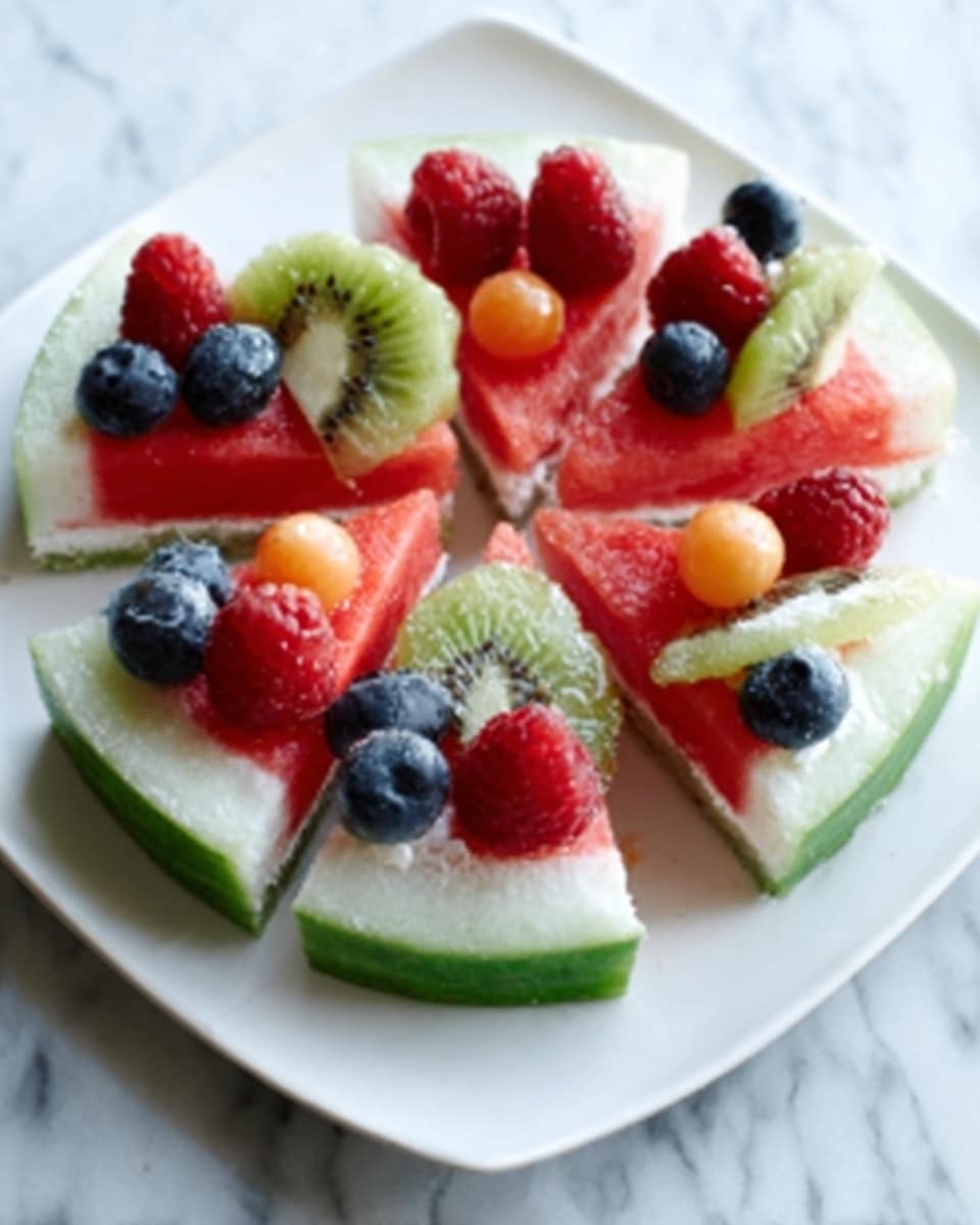 A white square plate on a white marbled surface holds six small cake slices arranged in a circle. Each slice has a green bottom layer that looks like watermelon rind, followed by a white creamy layer, and topped with a red fruity layer resembling watermelon flesh. On top of each slice are fresh fruit pieces including halved strawberries, kiwi slices, blueberries, raspberries, and a small light orange melon ball, creating a colorful and fresh look. Photo taken with an iphone --ar 4:5 --v 7