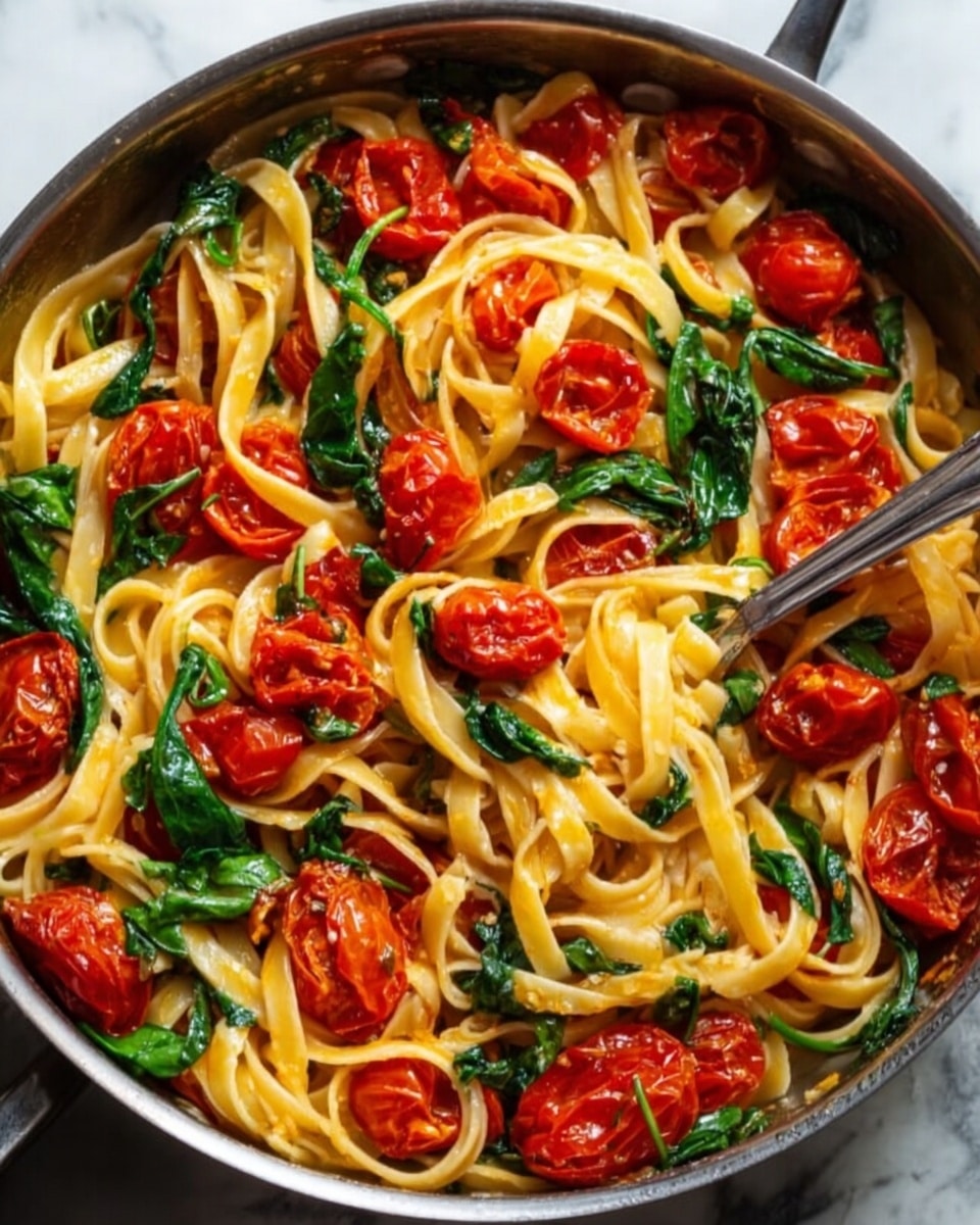 A close-up view of a pan filled with cooked fettuccine pasta mixed with roasted cherry tomatoes and fresh green spinach leaves. The pasta is light golden-yellow with a smooth texture, the cherry tomatoes are bright red and slightly wrinkled, scattered evenly throughout the dish, and the spinach adds a fresh dark green color, creating a vibrant mix of colors. A silver fork rests inside the pan, slightly sinking into the pasta, which looks glossy and lightly coated with sauce. The pan sits on a white marbled surface. Photo taken with an iphone --ar 4:5 --v 7