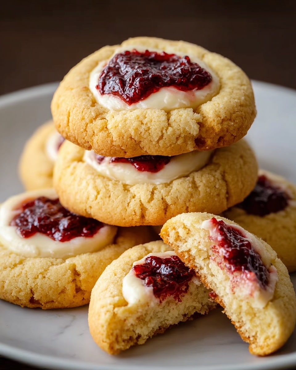 The image shows a stack of five round cookies on a white plate, placed on a white marbled surface. Each cookie is golden brown with a slightly cracked texture on its surface. In the center of each cookie, there are two layers: a smooth, white creamy layer topped with a dark red berry jam that looks thick and slightly glossy. One cookie is broken in half, revealing its soft and crumbly interior with the white cream and red jam swirled inside. The close-up view highlights the contrast between the warm cookie base and the vibrant topping. Photo taken with an iphone --ar 4:5 --v 7