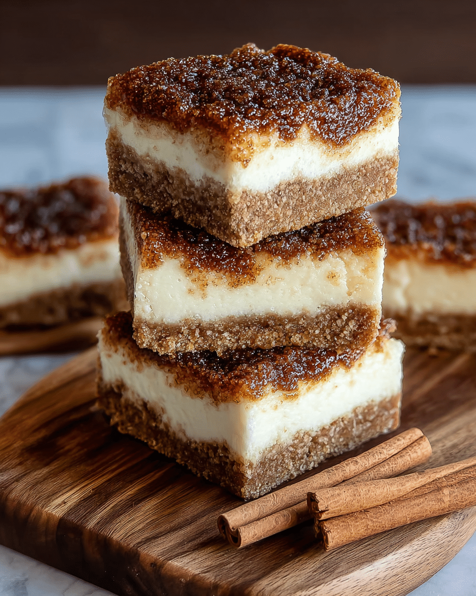 Three square dessert bars stacked on a wooden board, each bar showing three distinct layers: a bottom brown crumbly crust, a thick middle creamy white layer, and a top layer covered with a dark brown sugary sprinkle that looks crispy and caramelized. The bars have a moist texture with a slightly shiny topping. There are cinnamon sticks placed next to the board, all set on a white marbled surface in soft warm lighting. photo taken with an iphone --ar 4:5 --v 7