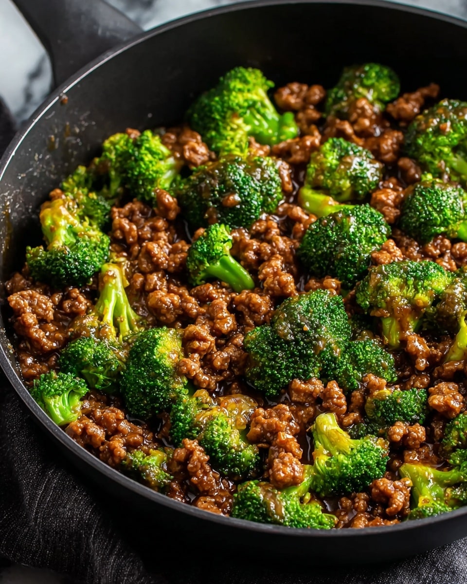 A close-up view of a black pan filled with broccoli beef, showing bright green broccoli florets mixed evenly with small brown ground beef pieces coated in a shiny brown sauce. The broccoli has a slightly textured surface with small buds, and the beef looks tender and glossy with the sauce clinging to each piece. The pan rests on a dark cloth, and the background is a white marbled texture. photo taken with an iphone --ar 4:5 --v 7