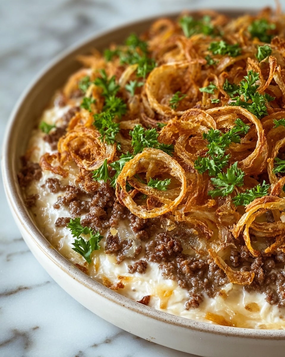 A close-up image of a layered dish served in a white round ceramic dish. The bottom layer appears creamy and smooth, light beige in color, with a slightly glossy texture. Above this is a thick layer of minced brown meat, evenly spread and slightly chunky. The top layer is golden-brown crispy fried onions, thinly sliced and coiled in spirals, adding texture and a crunchy look. Scattered green fresh parsley leaves sit on the crispy onion layer, giving a pop of color. The dish is placed on a white marbled surface. photo taken with an iphone --ar 4:5 --v 7