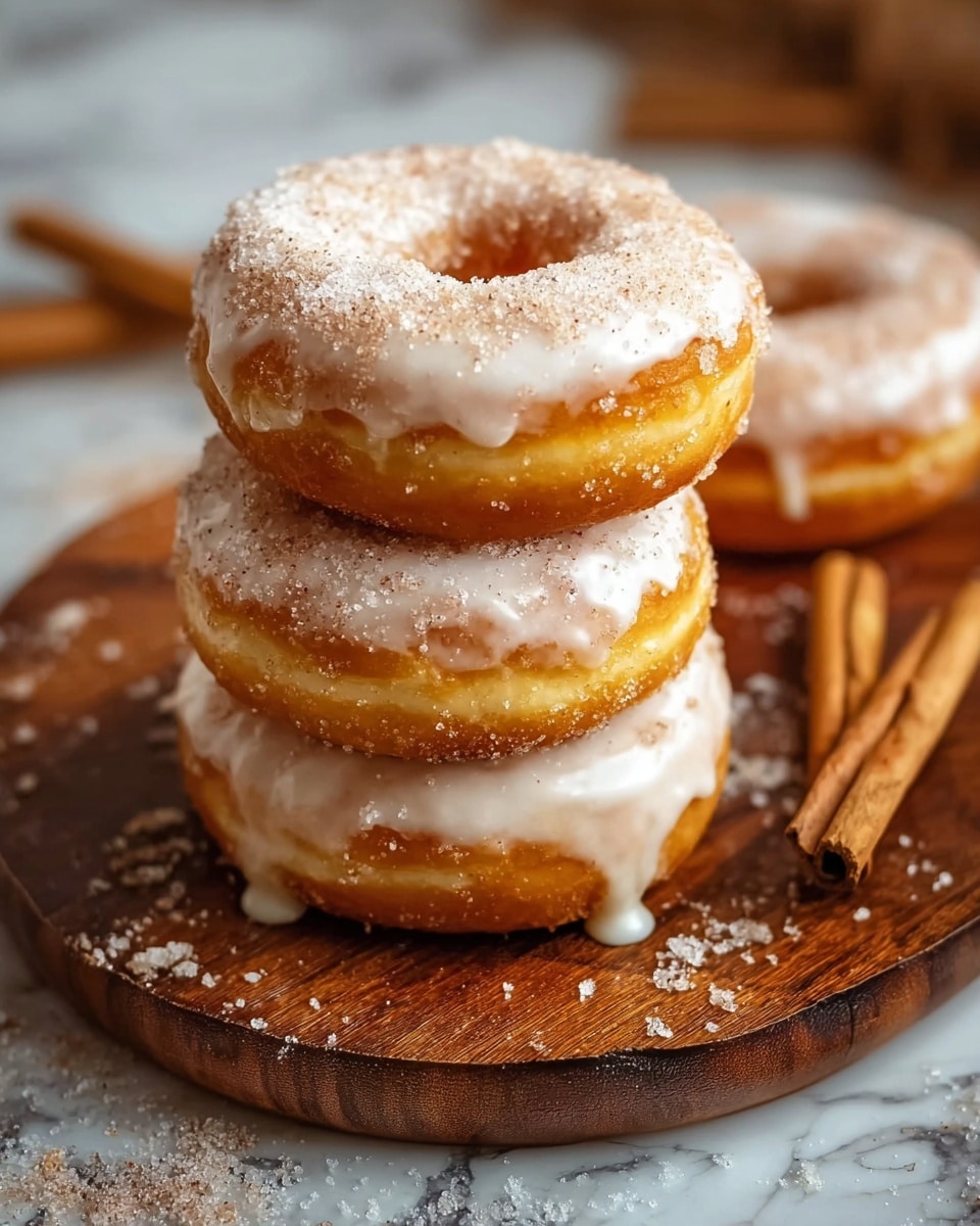 Three cinnamon sugar donuts are stacked on a round wooden board, each donut showing two layers: a light golden-brown dough base and a shiny white glaze layer on top. The glaze has a slightly dripping effect on the sides. The top donut rests partly on the middle one, which sits on the bottom donut. The donuts are dusted with a fine layer of cinnamon sugar powder, creating a grainy texture. The board is placed on a white marbled surface with scattered powdered sugar around it. A couple of cinnamon sticks lay next to the board. Photo taken with an iphone --ar 4:5 --v 7
