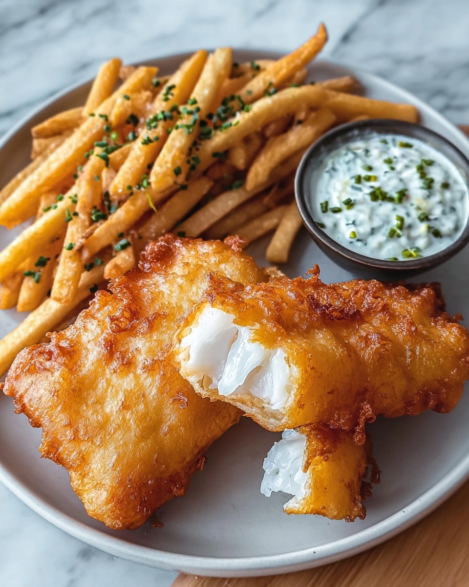 The image shows a white plate with two golden-brown battered fish fillets, one whole and one broken in half showing the white flaky fish inside. Next to the fish is a pile of golden French fries sprinkled with small green herb pieces. At the top right of the plate, there is a small cup with white tartar sauce containing bits of green herbs. The plate rests on a white marbled surface. Photo taken with an iphone --ar 4:5 --v 7