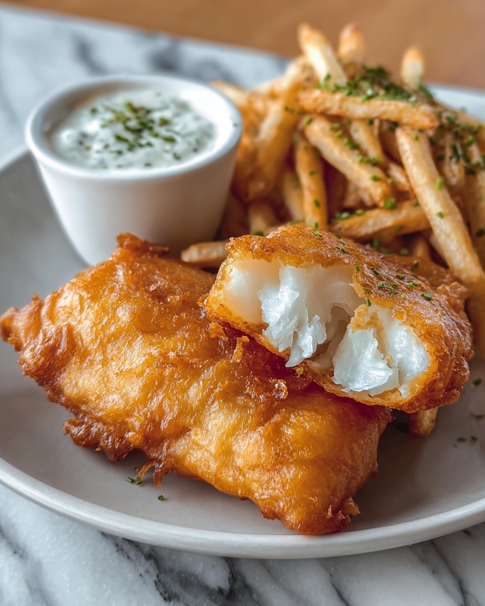 The image shows a white plate with two pieces of golden-brown fried fish, one piece broken open revealing soft white flaky fish inside. Next to the fish is a pile of light golden French fries sprinkled with small bits of green herbs. In the background, there is a small white cup filled with creamy white tartar sauce, garnished with small green herbs. The plate sits on a surface with a white marbled texture. photo taken with an iphone --ar 4:5 --v 7