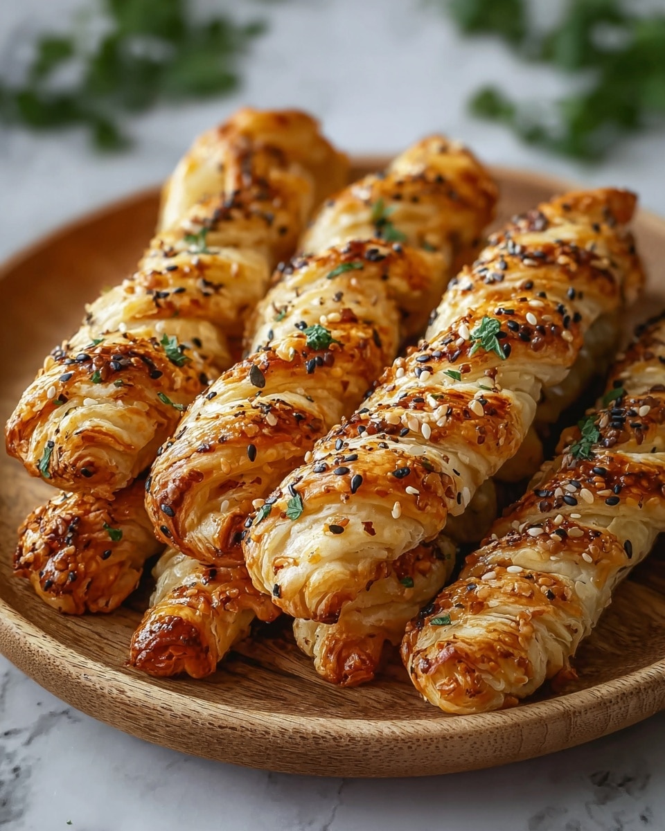 The image shows four golden-brown puff pastry twists on a round white plate with a wooden look texture. Each twist is made of several thin, flaky layers of dough, with a textured surface sprinkled with black and white sesame seeds and small green herbs on top. The pastries look crispy and shiny, with slight darker spots where they have browned more. The plate sits on a soft white marbled surface with blurred green leaves in the background, hinting at freshness. Photo taken with an iphone --ar 4:5 --v 7