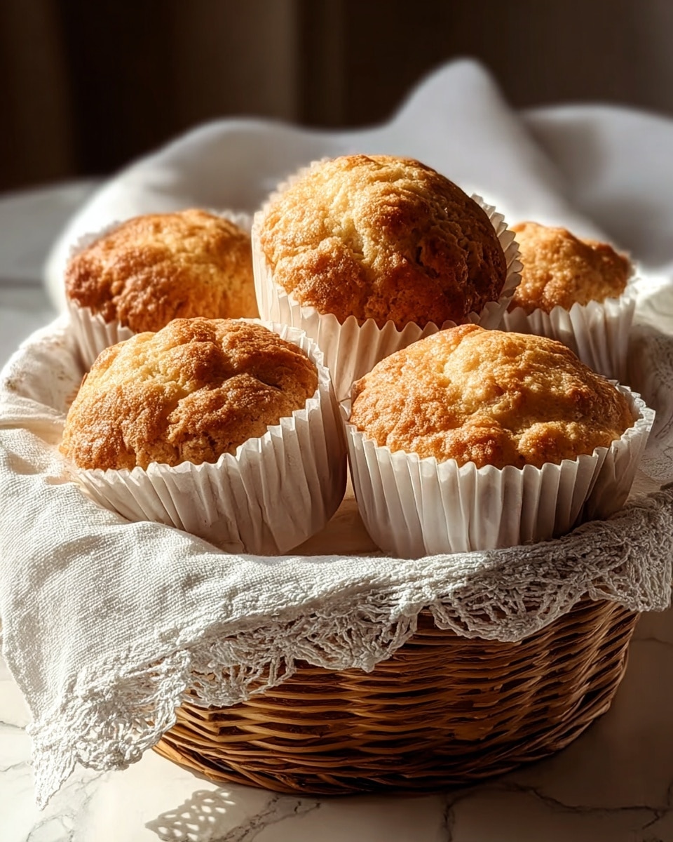 A white woven basket holds five golden-brown muffins wrapped in white paper liners. The muffins have a slightly cracked, textured top with a light crispy crust, showing soft, fluffy inside. The basket is lined with a white lace cloth that drapes gently over the edges. The scene is set on a white marbled surface with warm sunlight softly lighting the muffins, creating a cozy and inviting feel. photo taken with an iphone --ar 4:5 --v 7