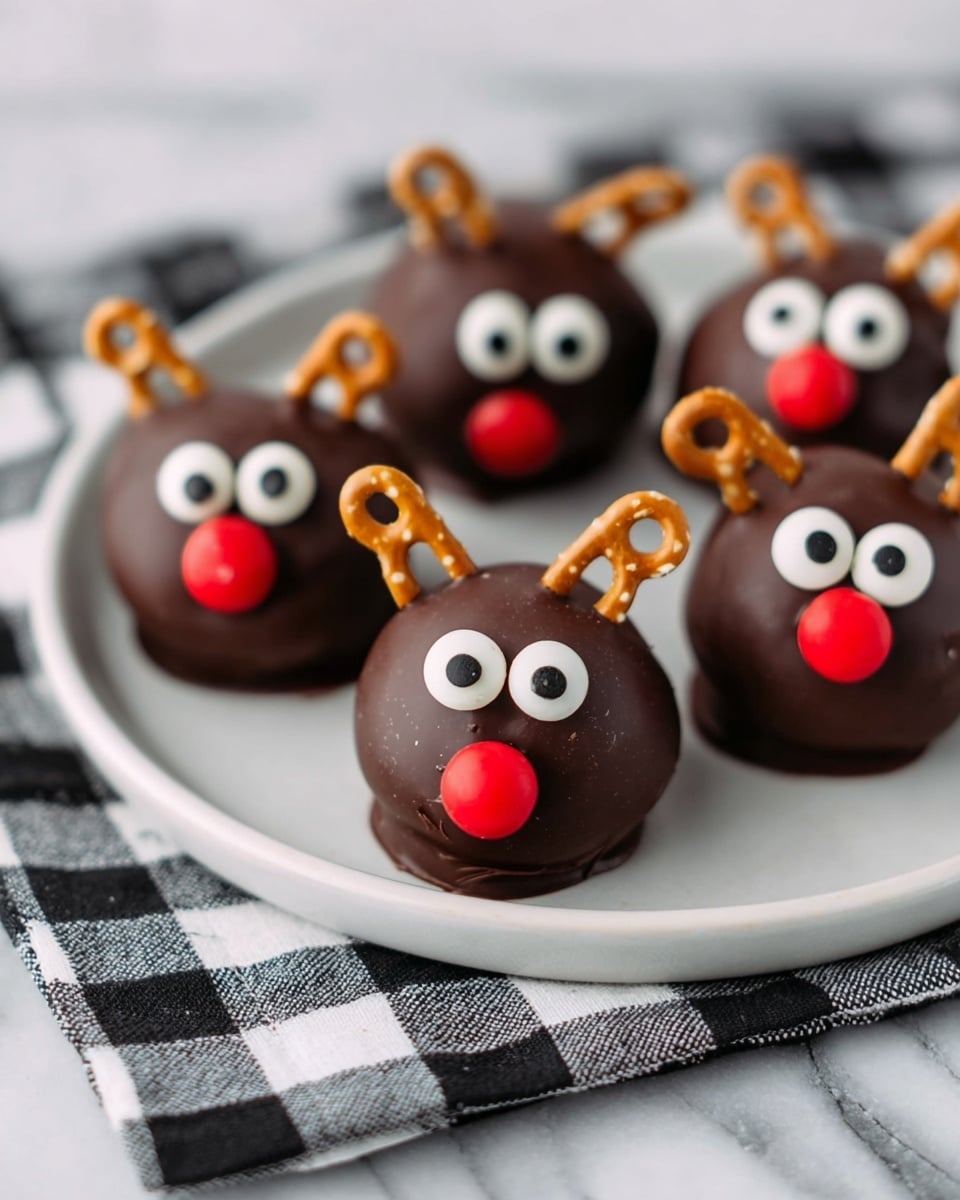 The image shows round chocolate balls shaped like reindeer faces arranged on a white plate, which sits on a black and white checkered cloth over a white marbled surface. Each reindeer ball has a smooth dark brown chocolate layer covering the whole surface. Two large white candy eyes with black pupils are placed on the upper front, and a small bright red candy is positioned in the center as a nose. Small curved pretzel pieces are stuck on top on each side to look like antlers. The chocolate has a shiny, slightly textured finish, and the overall look is cute and festive. photo taken with an iphone --ar 4:5 --v 7