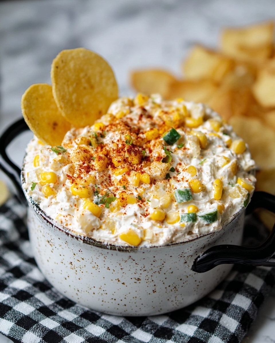 A white speckled bowl with black handles is filled to the top with creamy white dip mixed with bright yellow corn kernels and small green pieces of herbs. The dip is sprinkled with a reddish-brown spice on top, and two round yellowish potato chips are stuck into the dip. The bowl sits on a black and white checkered cloth over a white marbled surface, with some potato chips blurred in the background. Photo taken with an iphone --ar 4:5 --v 7