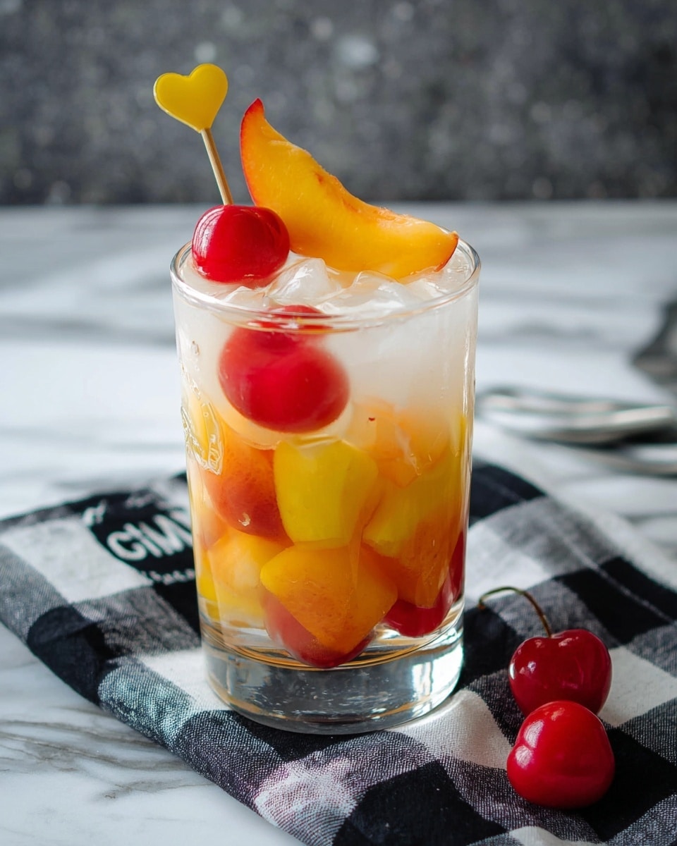 A clear glass is filled with a colorful mix of fruits and ice, showing three main layers: the bottom has light yellow peach slices mixed with red cherries, the middle contains more peach slices and cherries visible through the glass, and the top layer has ice cubes along with a bright yellow peach slice floating on the surface. A red cherry with a stem rests on the rim, alongside a small yellow stir stick with a heart shape on top. The clear glass sits on a black and white checkered cloth on a white marbled surface, with two cherries placed nearby. Photo taken with an iphone --ar 4:5 --v 7