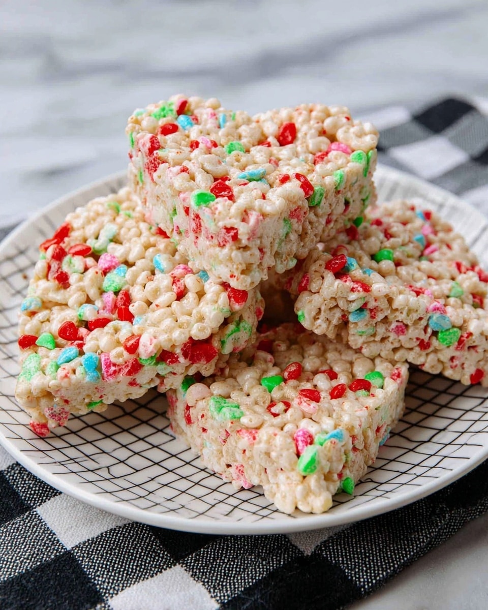 The image shows a white plate with a black grid pattern filled with heart-shaped rice treats stacked in layers. The treats are made of light beige puffed rice with small, bright red and green candy pieces mixed evenly throughout, creating a colorful speckled texture. The plate rests on a white marbled surface with a black and white checkered cloth partially visible underneath it. photo taken with an iphone --ar 4:5 --v 7