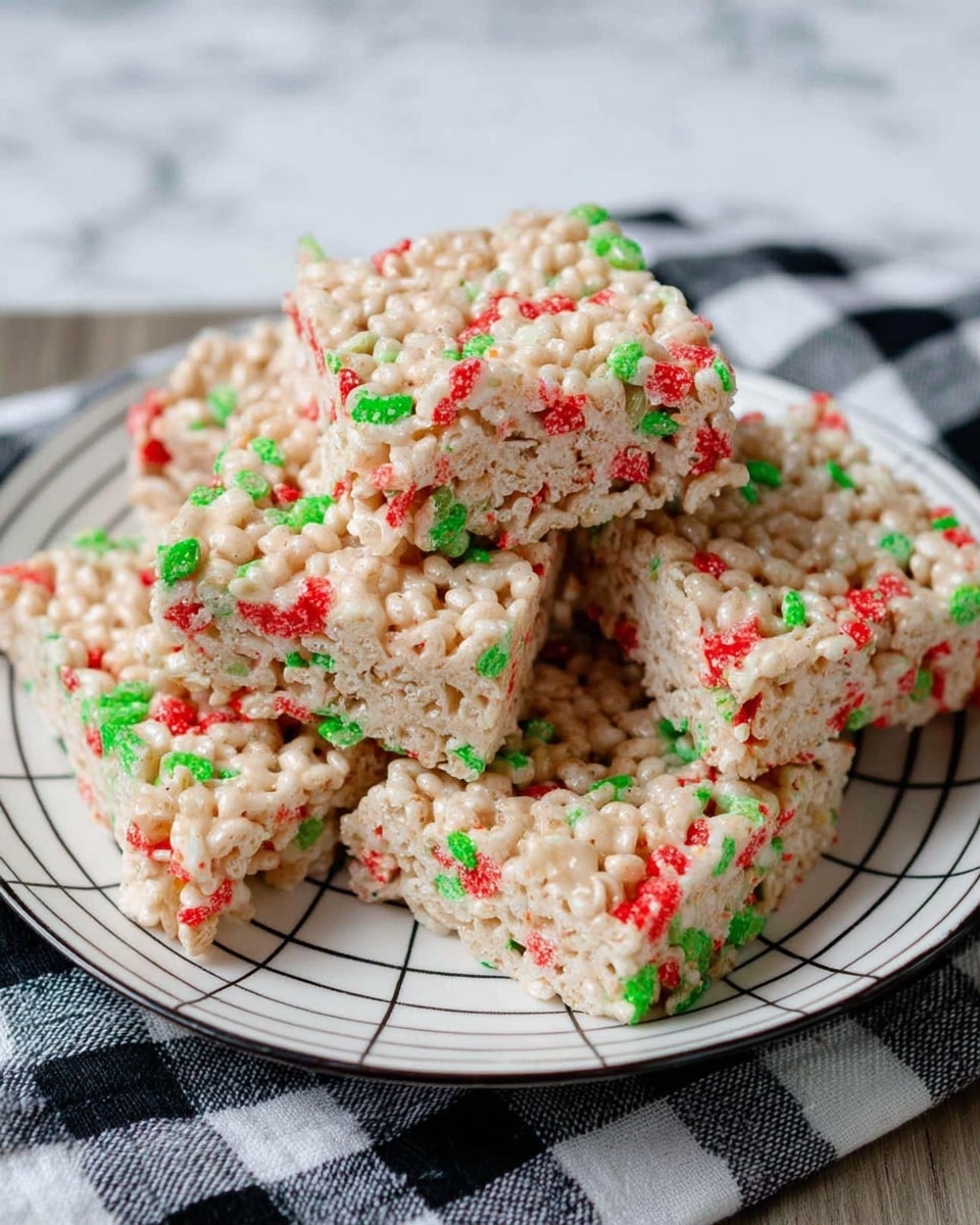A white plate with black grid lines holds several square rice crispy treats stacked on top of each other. Each treat shows a light beige base from the puffed rice and melted marshmallow mixture, speckled with bright red and green candy pieces spread evenly throughout. The treats have a textured, bumpy surface with a slightly shiny appearance, and the plate rests on a black and white checkered cloth over a white marbled surface. photo taken with an iphone --ar 4:5 --v 7
