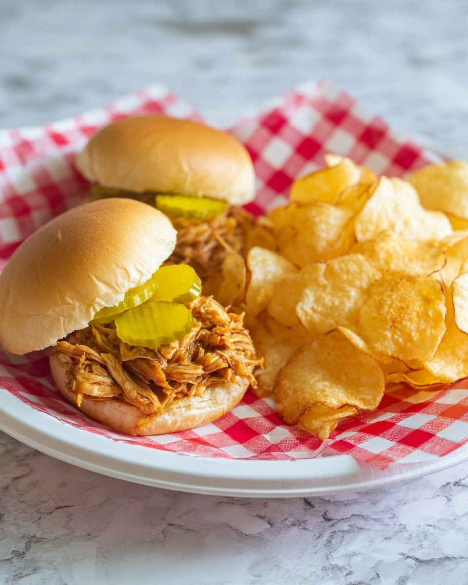 Two small sandwiches rest on a white plate with red checkered paper. Each sandwich has a soft, light brown bun with shredded brown pulled chicken inside, topped with a few yellow pickle slices. On the right side of the plate, there is a pile of crispy, golden-brown potato chips. The plate is set on a white marbled surface. photo taken with an iphone --ar 4:5 --v 7