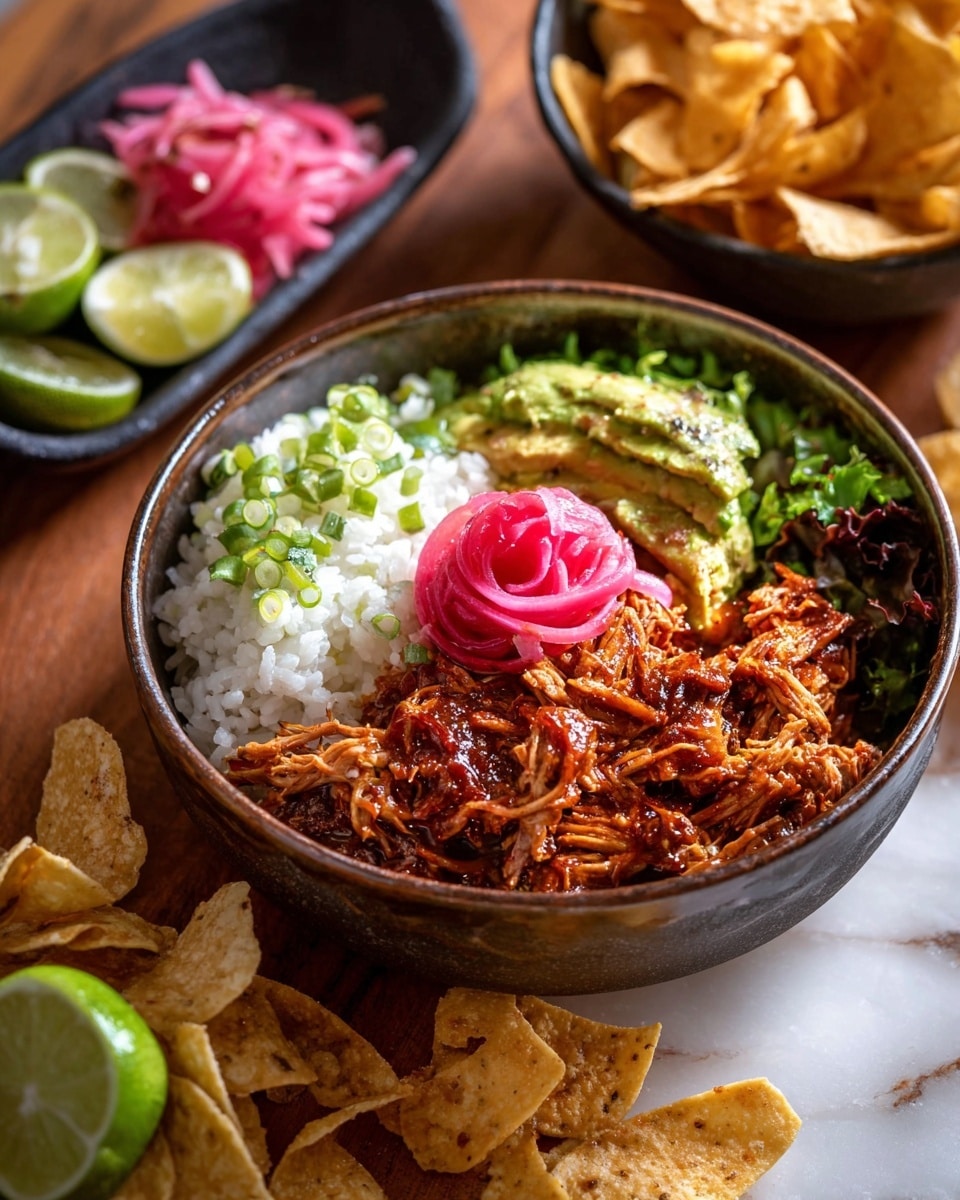 A bowl with four main layers: at the bottom, shredded reddish-brown meat cooked in sauce; to the left, white rice with small green onion slices on top; above the rice, a bright pink pickled onion rose; near the top center, a small piece of lettuce; on the meat, a shiny green slice of avocado; scattered around the bowl, crispy golden-brown chips. In the background, there is a black dish with more pink pickled onions, lime halves with green flesh on the wooden surface, and more chips on a white marbled background. The colors are rich, textures include soft meat, fluffy rice, smooth avocado, and crunchy chips. Photo taken with an iphone --ar 4:5 --v 7