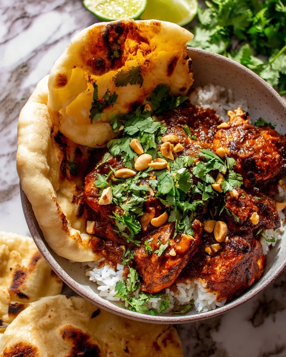A white bowl filled with a bottom layer of fluffy white rice, topped with several pieces of dark reddish-brown saucy chicken coated in a thick, textured sauce. Fresh green cilantro leaves and roughly chopped peanuts are sprinkled over the chicken, adding a pop of color and crunch. Two pieces of lightly browned, soft naan bread rest inside the bowl, leaning against the side, while more naan pieces lie beside the bowl on a white marbled surface. In the top background, a halved green lime is partly visible, adding a fresh contrast. photo taken with an iphone --ar 4:5 --v 7