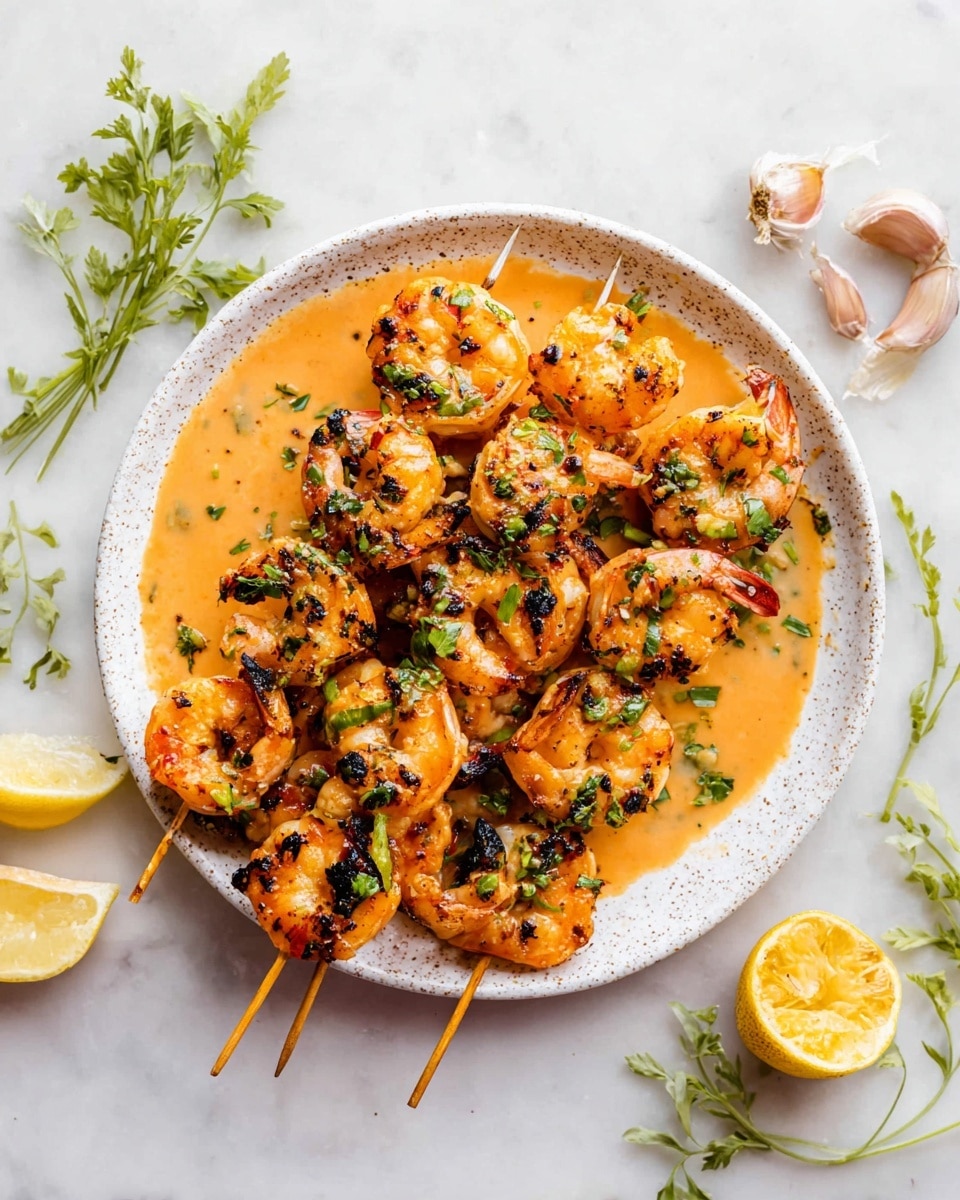 A white speckled plate holds several wooden skewers, each loaded with multiple grilled shrimp that are bright orange with light charring spots, covered in green herb bits. The shrimp rest in a shallow pool of creamy orange sauce that fills the bottom of the plate. Around the plate on a white marbled surface are bright green herb sprigs, a few garlic cloves with peeled layers, and two lemon halves showing juicy yellow interiors. The overall setting is bright and fresh. photo taken with an iphone --ar 4:5 --v 7