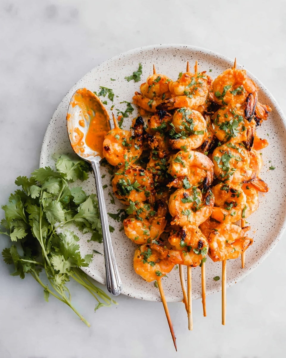 A white speckled plate holds five wooden skewers of grilled shrimp, each shrimp coated in a bright orange sauce and sprinkled with fresh green herbs. The shrimp are placed in a loosely piled layer, showing their slightly charred edges. A silver spoon with traces of sauce rests on the left side of the plate. Fresh green cilantro stems lie beside the plate on a white marbled surface. photo taken with an iphone --ar 4:5 --v 7