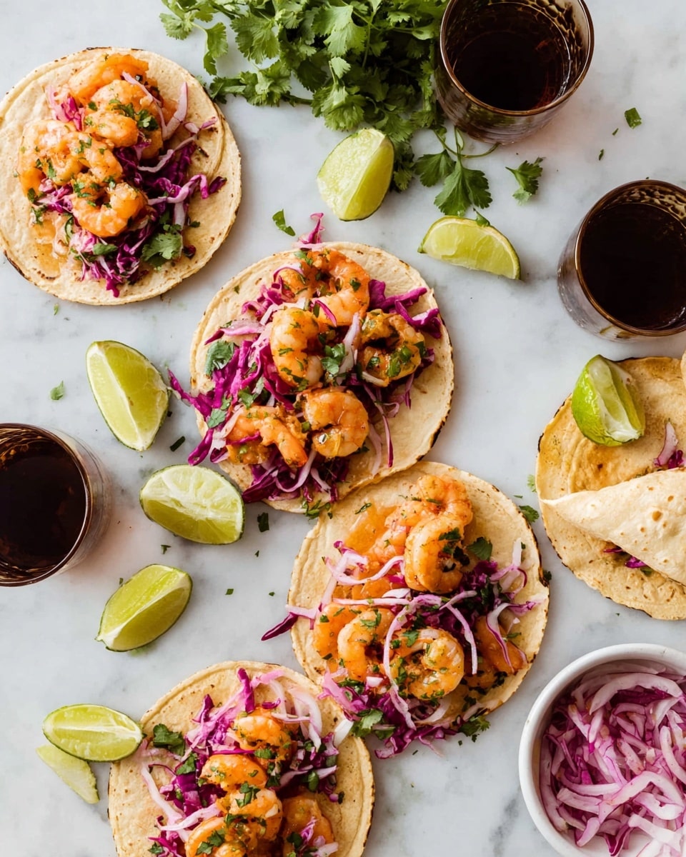 The image shows six soft corn tortillas arranged on a white marbled surface, each topped with cooked orange shrimp, shredded purple cabbage, thin slices of pink-red onion, and sprinkled with small green cilantro leaves; three tacos are folded, three are open flat. Around the tacos are lime wedges, a bunch of fresh cilantro, two clear glasses filled with a dark liquid, and a small white bowl filled with more sliced red onions. The shrimp appear slightly seasoned with hints of green herbs, and the overall colors are bright and fresh. Photo taken with an iphone --ar 4:5 --v 7