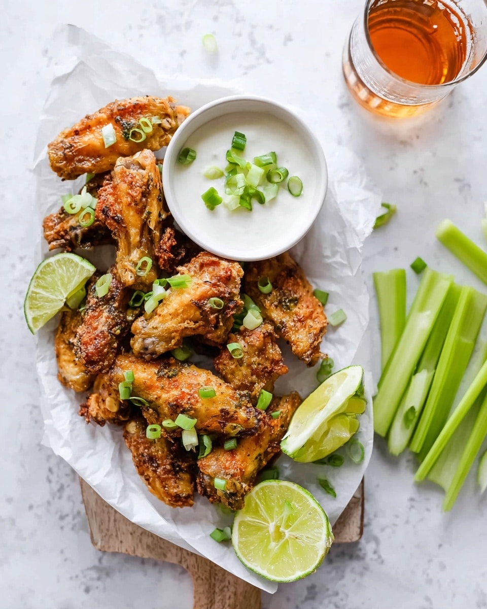 The image shows a white plate with crispy, golden-brown chicken wings seasoned and garnished with small green onion pieces, placed on white parchment paper. On the upper part of the plate, there is a small white bowl filled with creamy ranch dressing topped with chopped green onions. Surrounding the wings are fresh green celery sticks arranged in small bundles both at the top right and bottom left of the plate. A fresh half lime with a bright green interior sits among the wings near the bottom center. To the upper right side of the plate, there is a clear glass with amber-colored drink. The whole scene rests on a white marbled textured surface. Photo taken with an iphone --ar 4:5 --v 7