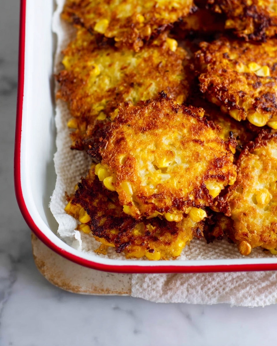 Several golden brown corn fritters with a crispy, uneven texture are stacked inside a white rectangular baking dish with a red rim. The fritters show small kernels of corn and slight browning around the edges, giving a crunchy look. They are placed on a paper towel lining inside the dish, which rests on a white marbled surface. photo taken with an iphone --ar 4:5 --v 7