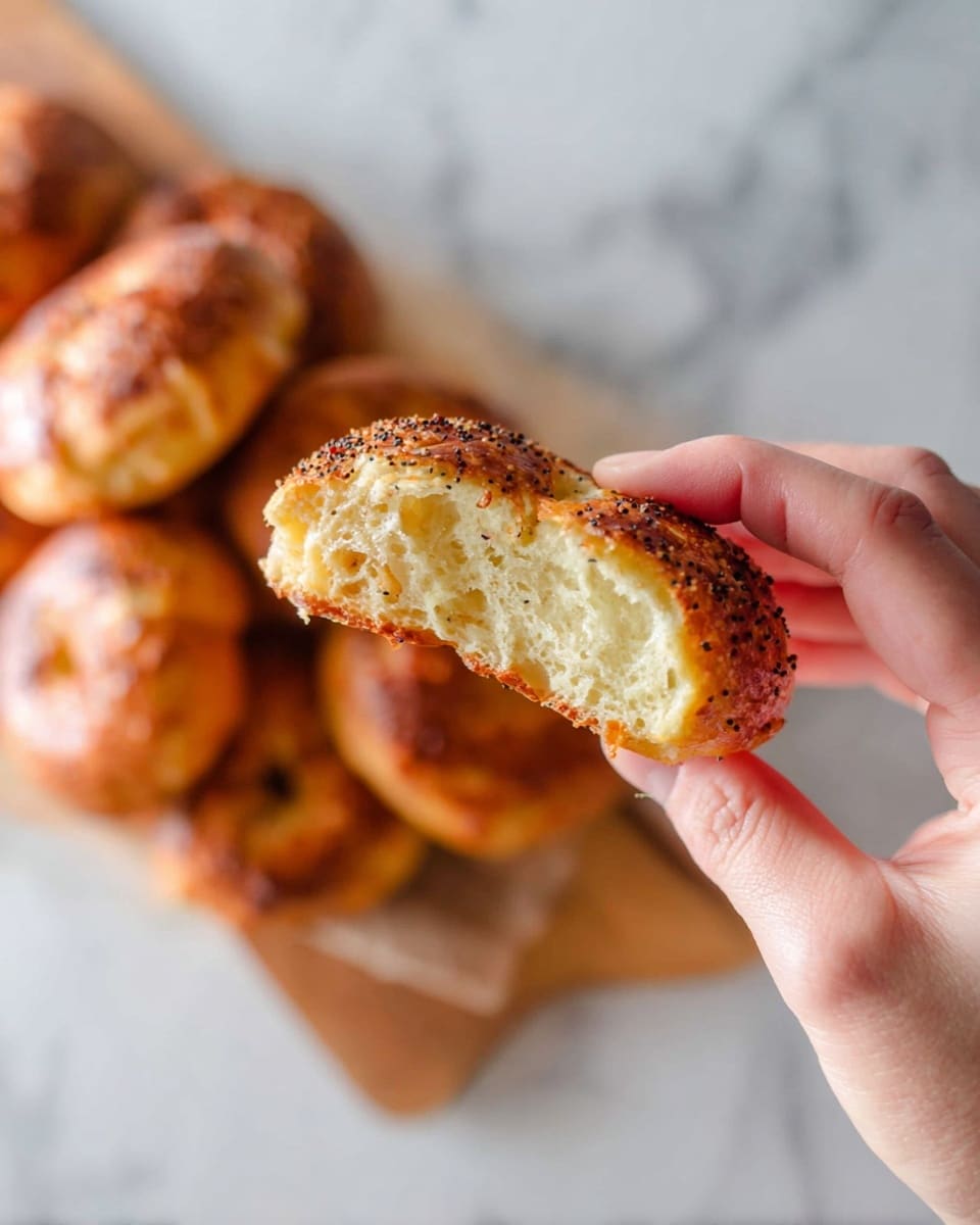 A close-up of a woman's hand holding a half-eaten round bread with a golden-brown crust speckled with black seeds on the edge, showing its soft, airy, and light yellow inside texture. In the background, out of focus, there is a wooden board filled with several whole round breads that have a similar golden-brown crust. The scene is set on a white marbled surface. photo taken with an iphone --ar 4:5 --v 7