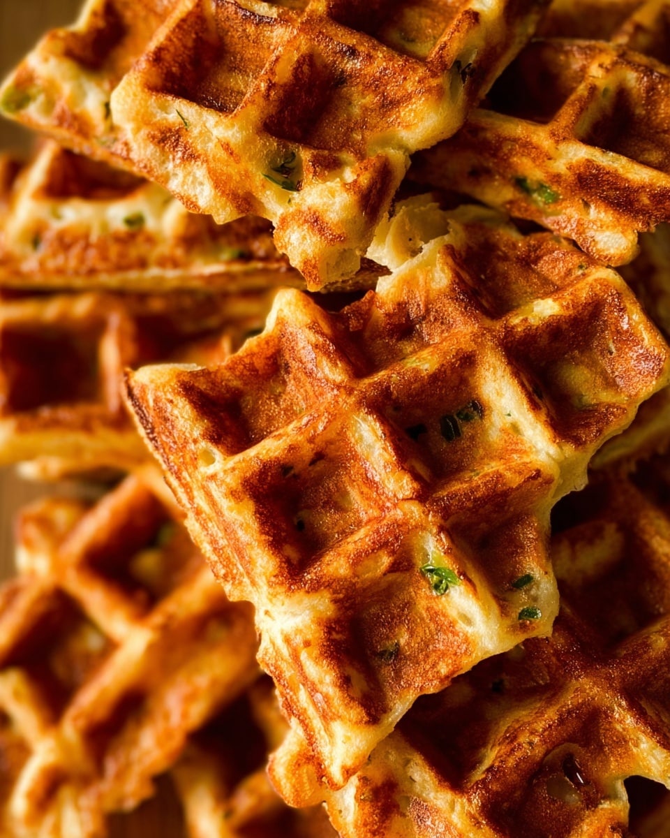 The image shows close-up pieces of golden brown waffles stacked closely together, each waffle having a crisp texture with deep square pockets. The waffles have uneven edges and are cooked to a mix of light and dark brown shades, giving them a crunchy look with some soft areas inside. Small bits of green herbs are visible inside the waffle batter, adding a touch of color contrast. The waffles cover the whole frame with no visible background but the scene feels warm and textured. photo taken with an iphone --ar 4:5 --v 7