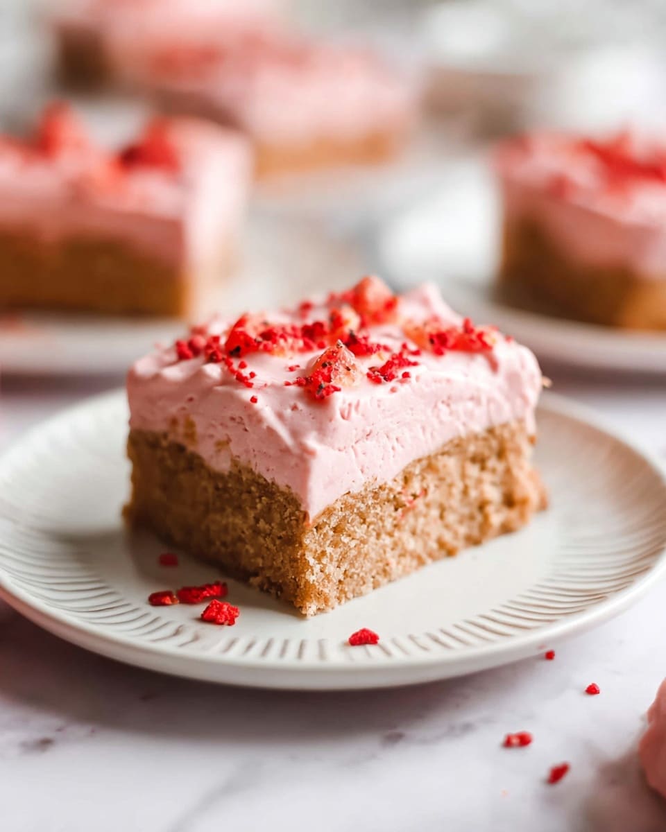 A single slice of a two-layer dessert rests on a white plate with a subtle ridged edge pattern, set against a white marbled surface. The bottom layer is a thick, crumbly, light brown cake with a rough texture. The top layer is a smooth pink frosting sprinkled with small bright red bits that add a pop of color and texture. There are a few red crumbs scattered on the plate and around it, hinting at the dessert's softness. In the blurred background, more similar slices can be seen sitting on the same type of white plates. Photo taken with an iphone --ar 4:5 --v 7