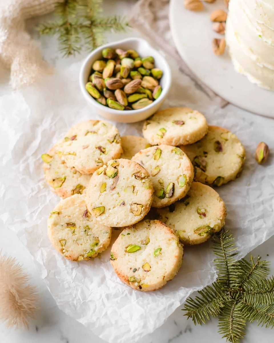 A group of round, pale yellow cookies with small bits of green pistachios in them is spread on white parchment paper over a white marble surface. The cookies have a rough, slightly crumbly texture around the edges and a smooth center with visible pistachio pieces. Near the center, there is a small white bowl filled with shelled pistachios. Green pine-like leaves are placed decoratively around the cookies, with a fluffy beige decoration and a white cake with cream frosting partly visible in the background. Photo taken with an iphone --ar 4:5 --v 7