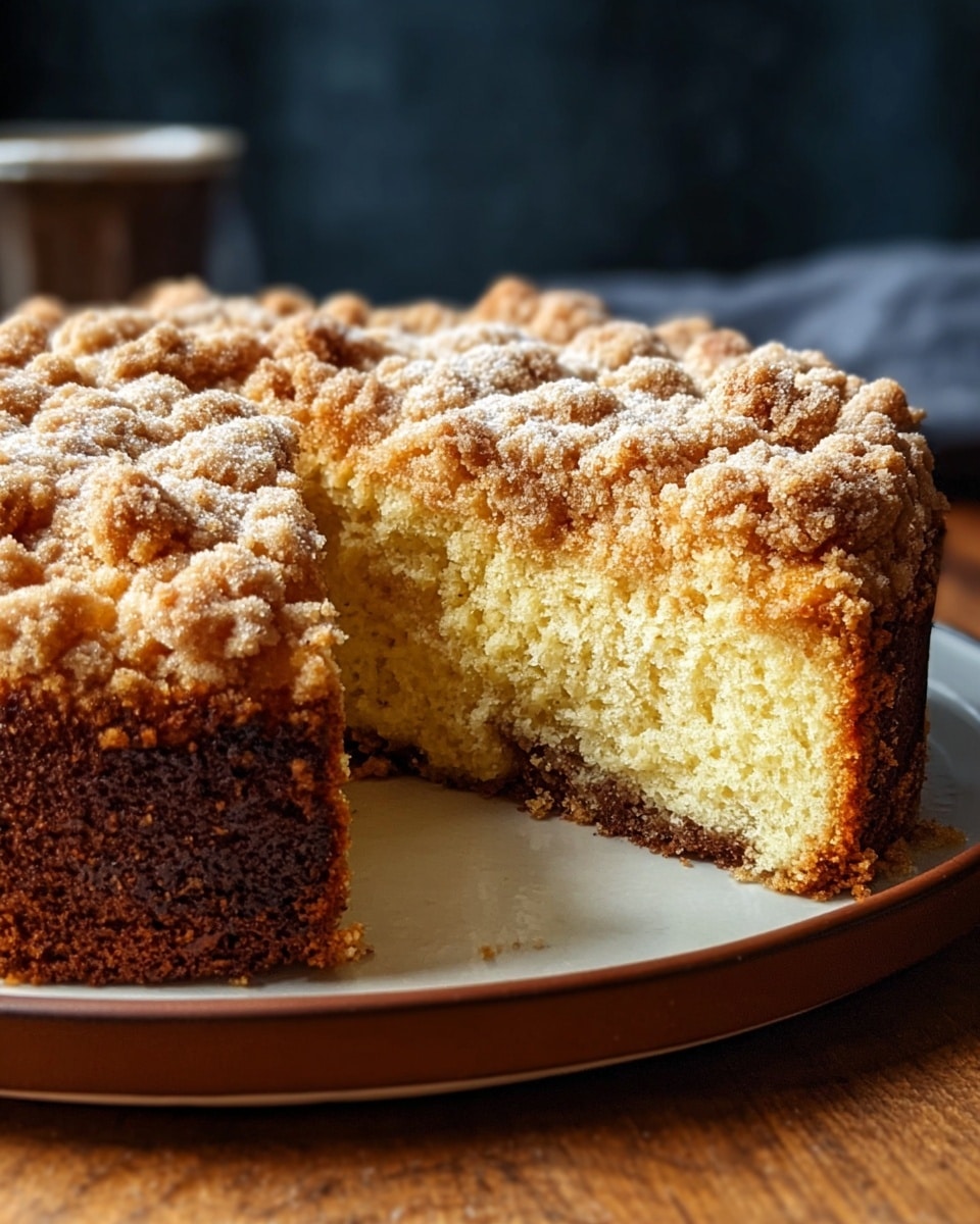 A thick round crumb cake with two visible layers sits on a white plate with a brown rim. The bottom layer is a dense, dark brown base, and the upper layer is a light golden yellow cake with a fluffy texture. The top of the cake is covered in a crumbly, bumpy streusel topping that is golden brown with a dusting of powdered sugar, adding a rough, textured look. A slice has been cut out, showing the soft, moist inside of the light cake layer. The plate rests on a wooden surface with a blurred dark background. photo taken with an iphone --ar 4:5 --v 7