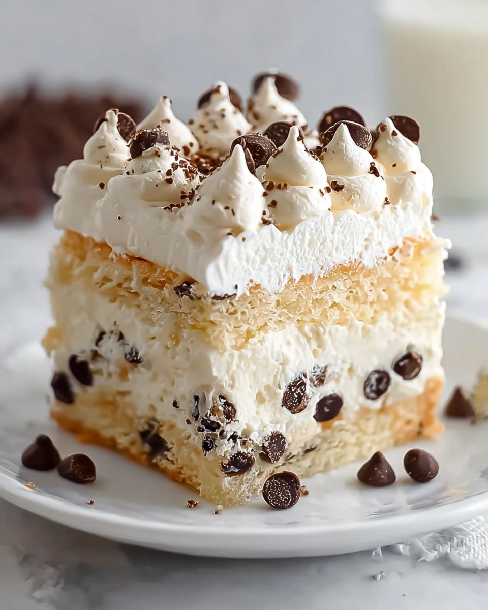 A square slice of dessert with three visible layers sits on a white plate over a white marbled surface. The bottom layer is a light golden brown cake embedded with dark chocolate chips. The middle layer is thick and creamy white with more dark chocolate chips mixed in. The top layer is fluffy white whipped cream decorated with alternating dollops of dark chocolate and white cream, sprinkled with small chocolate chips. A few loose dark chocolate chips are scattered around the plate. Photo taken with an iphone --ar 4:5 --v 7