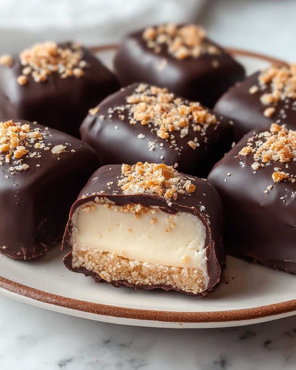 A close-up view of several small square treats arranged on a white plate with a brown rim, placed on a white marbled surface. Each treat has two main layers: a smooth light beige creamy layer at the center surrounded by a thin crunchy base, all covered by a dark glossy chocolate coating that forms a rounded top. The top of each treat is sprinkled with small, light brown crunchy pieces. One treat is cut in half, showing the creamy filling and the chocolate shell clearly. Photo taken with an iphone --ar 4:5 --v 7
