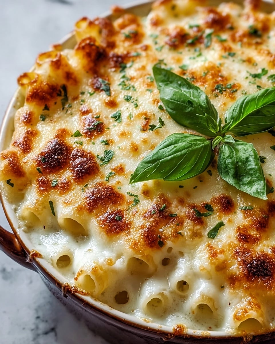 A close-up view of a baked pasta dish in a white ceramic round baking dish with brown edges, showing two main layers: a bottom layer of tube-shaped pasta and a thick top layer of melted, golden-browned cheese with bubbly, crispy spots. The cheese layer is white with some toasted brown patches and sprinkled with finely chopped green herbs. In the center, three fresh green basil leaves sit on the surface, adding a bright contrast. The dish is placed on a white marbled textured surface. photo taken with an iphone --ar 4:5 --v 7