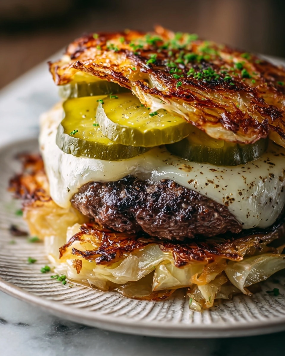 A close-up of a burger with no traditional bun, instead it uses cooked, crispy golden cabbage leaves as the top and bottom layers. The bottom cabbage layer is slightly browned and has a slightly oily texture. On top of it are several thick slices of green pickles with a bumpy surface. Above the pickles sits a juicy, well-cooked beef patty, dark brown with a slightly rough texture. Melted white cheese covers the right side of the patty, slightly browned with black pepper spots. More pickle slices rest on top of the cheese, and the top cabbage layer is golden brown, crispy, and sprinkled with small green herb bits. The burger is served on a white plate with a textured edge, placed on a white marbled surface. photo taken with an iphone --ar 4:5 --v 7