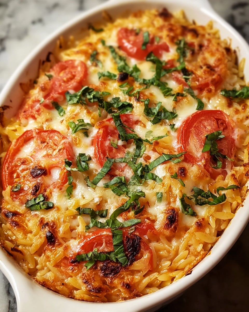 The dish is a baked pasta served in a white oval ceramic dish. The bottom layer consists of cooked orzo pasta with a light orange color from the sauce. On top of the pasta, there are evenly spaced slices of bright red tomatoes. The next layer is melted cheese, golden brown and bubbly with some darker spots from browning. Finely chopped fresh green herbs, likely basil, are scattered on top, adding a fresh and vibrant contrast. The whole dish has a warm, inviting look. Photo taken with an iphone --ar 4:5 --v 7