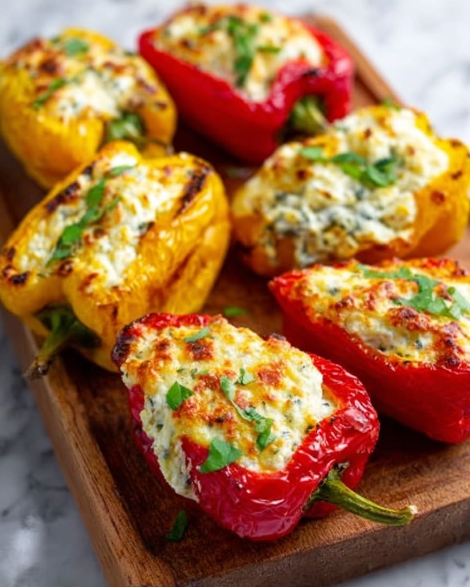 The image shows six stuffed mini bell peppers on a wooden board, three yellow and three red. Each pepper is cut in half lengthwise, filled with a creamy white cheese mixture that looks soft and lightly browned on top. Small green herbs are sprinkled on top for color. The peppers have slightly wrinkled and roasted skin, showing they are cooked. The wooden board contrasts with a white marbled background. photo taken with an iphone --ar 4:5 --v 7
