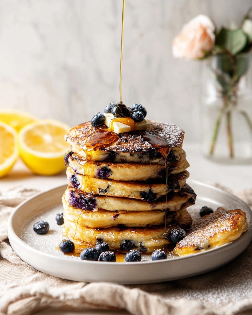A tall stack of six golden-brown blueberry pancakes sits on a white plate, each pancake thick and fluffy with visible blueberries inside. The top pancake has a small pat of melting butter and fresh blueberries, while golden syrup is being poured over the stack, dripping down the sides. A few blueberries and a pancake piece with powdered sugar are placed on the plate beside the stack. In the background, there are lemon slices and a soft pink rose in a glass, all set on a white marbled surface with a beige cloth underneath. Photo taken with an iphone --ar 4:5 --v 7