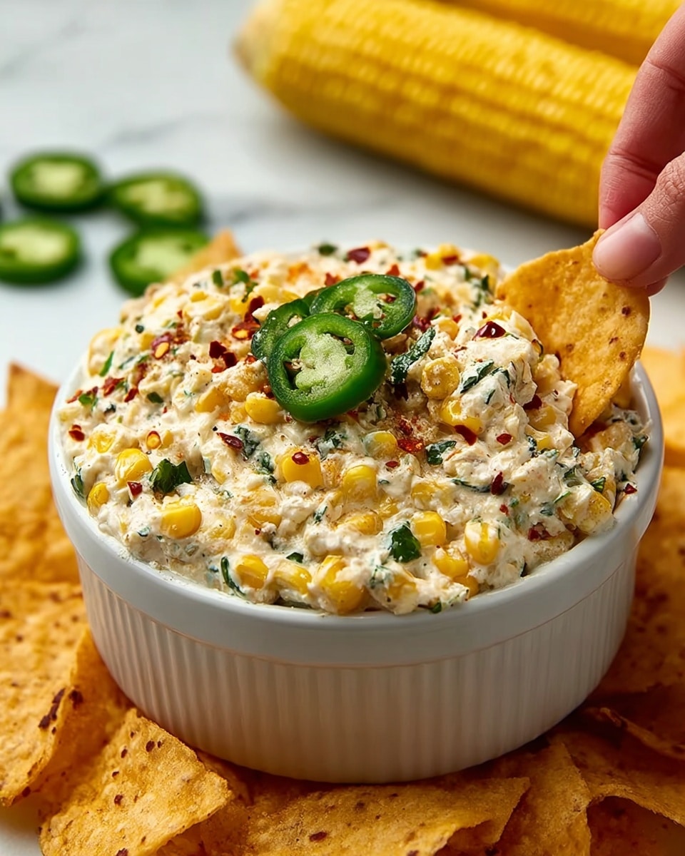 A white ribbed round bowl filled with a creamy corn dip that has visible whole yellow corn kernels, small green jalapeño slices, and chopped herbs mixed in, topped with red chili flakes and finely chopped green herbs. A woman's hand is holding a triangular yellow corn chip dipping into the creamy mixture. The bowl is surrounded by many more yellow corn chips resting on a white marbled surface, with blurred ears of corn and slices of jalapeño in the background. photo taken with an iphone --ar 4:5 --v 7