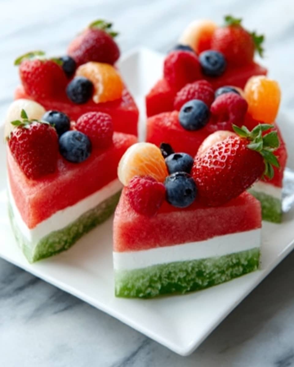 The image shows a dessert made to look like small watermelon slices arranged on a square white plate. Each slice has three visible layers: the bottom layer is green, rough like a watermelon rind; the middle layer is a smooth white band; and the top layer is bright red with small black seeds, imitating watermelon flesh. On top of each slice, there are fresh fruits including whole strawberries, blueberries, raspberries, and small round pieces of orange melon, adding a colorful mix of red, blue, and orange. The plate sits on a white marbled surface. Photo taken with an iphone --ar 4:5 --v 7