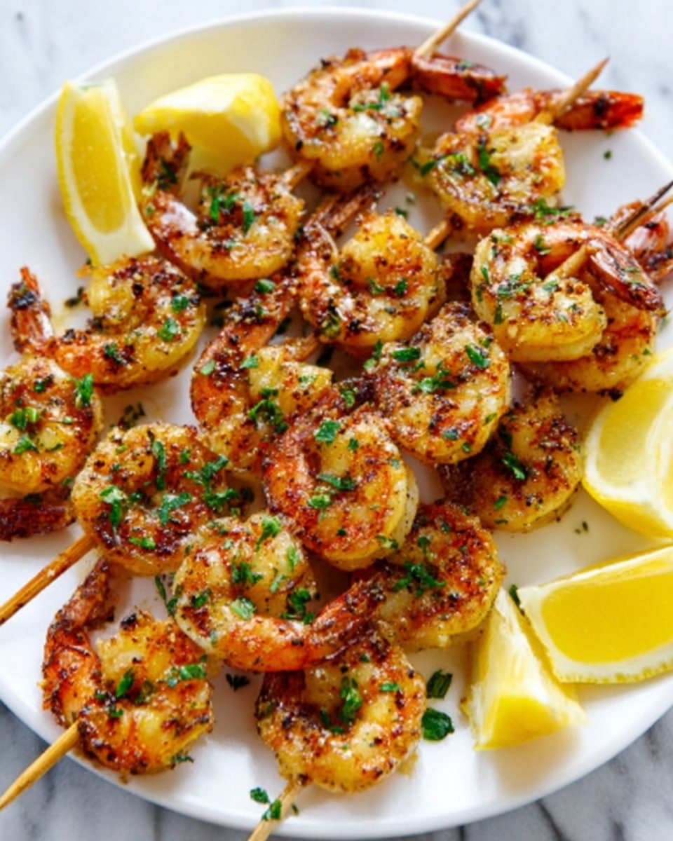 A white plate is filled with several wooden skewers holding grilled shrimp. Each shrimp is golden brown with a slightly charred texture and sprinkled with chopped green herbs. Around the plate, there are bright yellow lemon wedges providing a fresh contrast. The shrimp have a glistening, slightly oily look, showing they are well cooked and juicy. The background is a white marbled texture. photo taken with an iphone --ar 4:5 --v 7