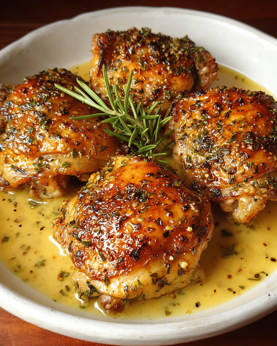 Four pieces of roasted chicken thighs sit close together on a white plate, each piece showing a shiny, golden-brown, and crispy skin speckled with green herbs and black spices. The chicken thighs rest in a shallow pool of light yellow sauce, which looks creamy and smooth. A small sprig of fresh rosemary lays on top of one chicken piece, adding a touch of green. The plate is placed on a white marbled surface. Photo taken with an iphone --ar 4:5 --v 7