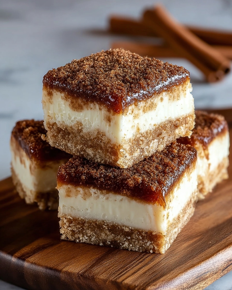 Three square dessert bars are stacked on a wooden board placed on a white marbled surface. Each bar has three distinct layers: a bottom layer of crumbly light brown crust, a thick middle layer of creamy white filling with a smooth texture, and a top layer coated with a glossy dark caramel glaze sprinkled with a fine, grainy brown cinnamon sugar. In the background, a cinnamon stick rests on the white marbled surface, adding to the warm, cozy feel. photo taken with an iphone --ar 4:5 --v 7