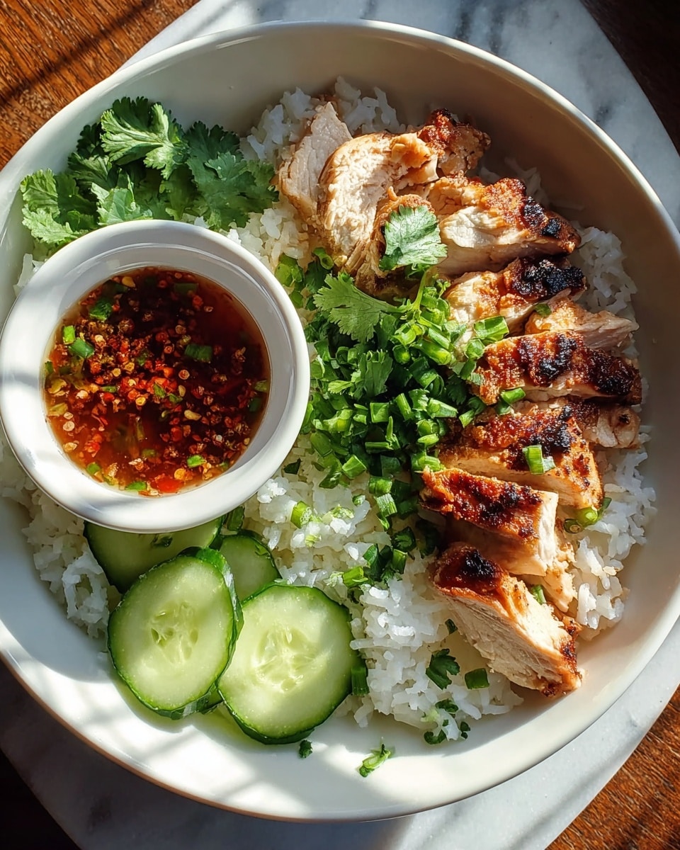 A white bowl filled with a base layer of fluffy white rice, topped with several pieces of grilled chicken breast that have browned grill marks. Fresh green cilantro leaves and chopped green onions are scattered over the chicken. Two thick cucumber slices with bright green skin are placed on one side of the bowl. A small white bowl containing a reddish-brown chili sauce with visible chili flakes and chopped green herbs sits on top of the rice next to the chicken. The bowl is set on a white marbled surface with sunlight casting shadows across the scene. photo taken with an iphone --ar 4:5 --v 7