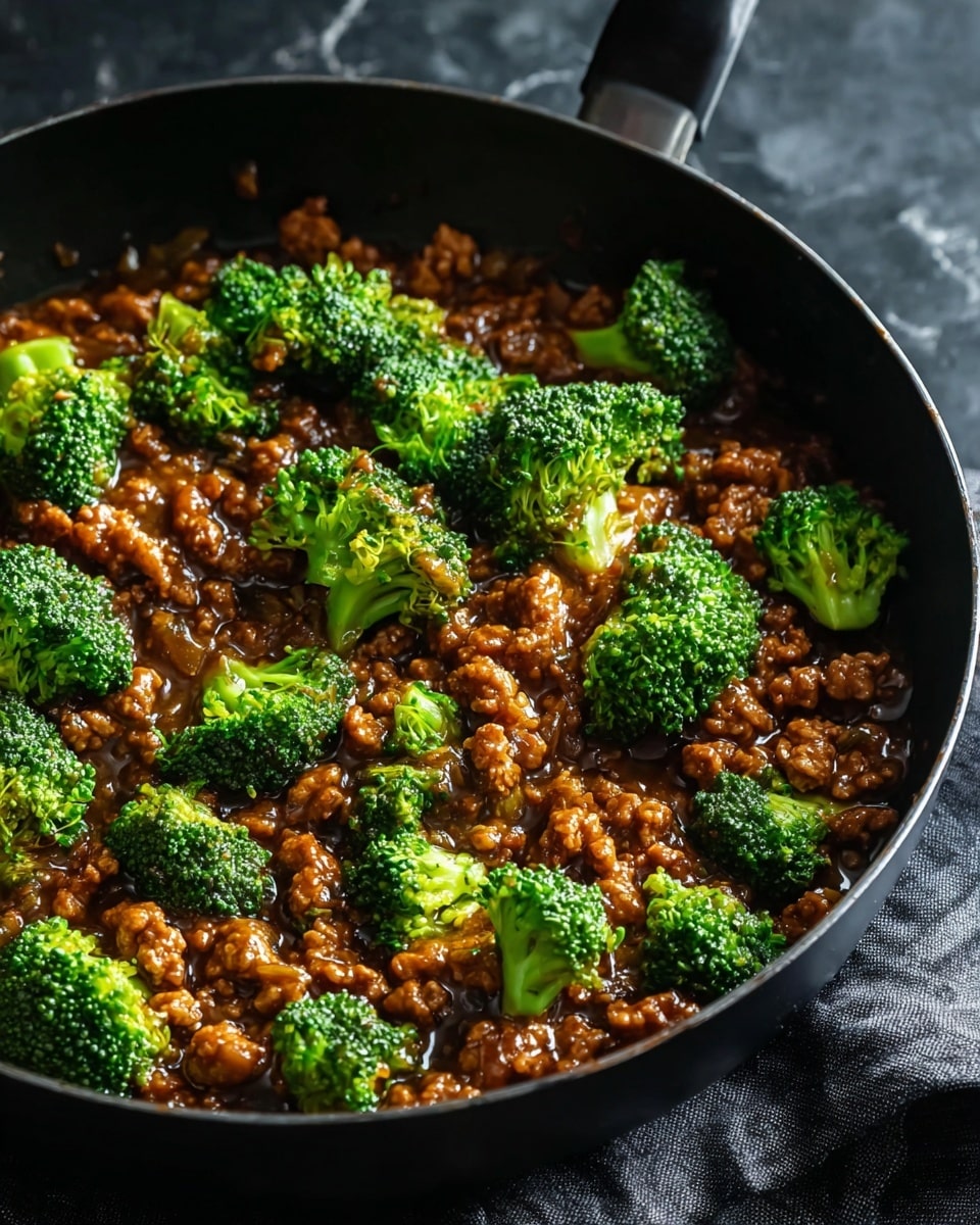 The image shows a black pan filled with a mix of minced meat and broccoli. The minced meat is cooked in a thick brown sauce, covering most of the pan's bottom with small, uneven pieces of meat. Bright green broccoli florets are spread evenly on top and among the meat, their texture bumpy and fresh-looking with some slight shine from the sauce. The pan rests on a dark cloth with a slightly visible textured background changed to a white marbled texture. The lighting highlights the glossy sauce and vibrant green broccoli, giving the dish a fresh and savory appearance. Photo taken with an iphone --ar 4:5 --v 7