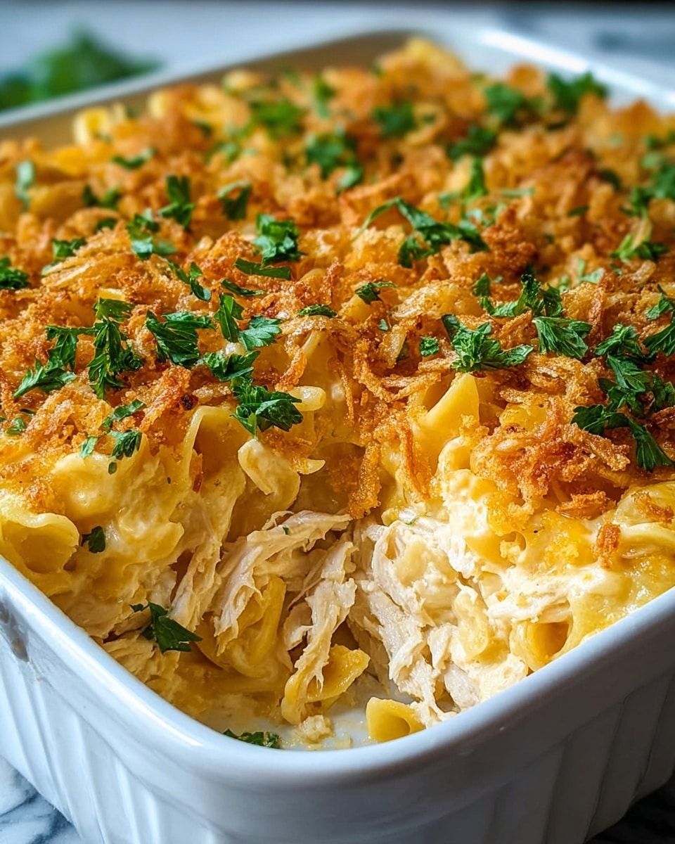 A close-up of a white rectangular baking dish filled with layered baked casserole. The bottom layer consists of pale, shredded chicken pieces with soft texture. Above that, there is a thick layer of creamy, pale yellow pasta with a smooth cheesy sauce coating the pasta edges. The top layer is golden-brown crispy breadcrumbs mixed with small pieces of fried onions evenly spread and garnished with scattered green fresh parsley leaves. The dish is set on a white marbled surface. Photo taken with an iphone --ar 4:5 --v 7