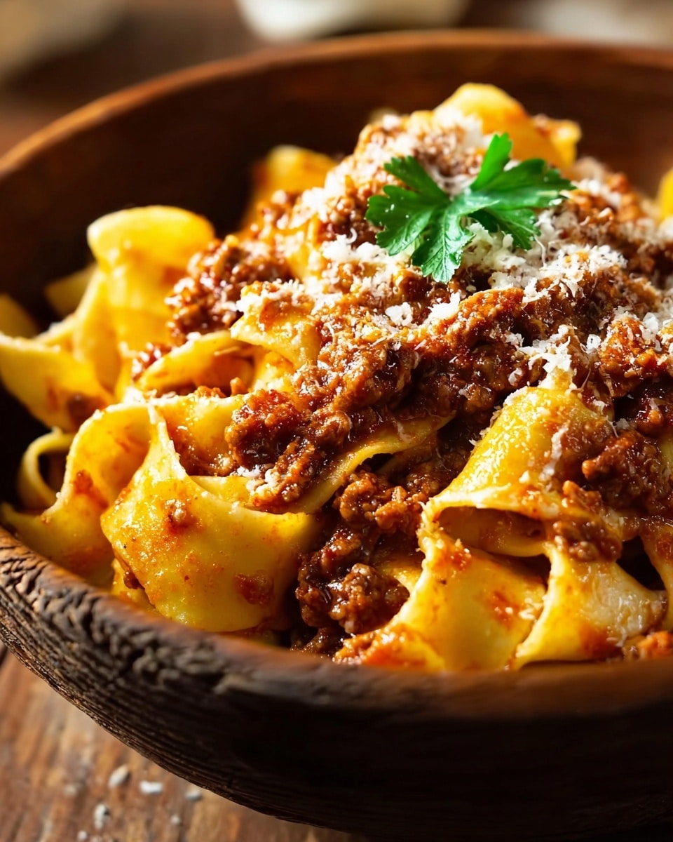 A close-up view of a bowl filled with broad, flat pasta ribbons that are yellow and glossy, mixed generously with a chunky, reddish-brown meat sauce. The top of the dish is sprinkled with a fine layer of grated white cheese, and a small green parsley leaf sits in the center as a garnish. The bowl is wooden and has a rustic dark texture, contrasting with the vivid colors of the pasta and sauce. The background is softly blurred to keep the focus on the rich and hearty pasta dish. photo taken with an iphone --ar 4:5 --v 7